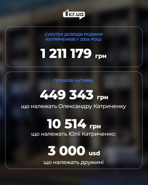 Совокупный доход семьи Катриченко в 2024 году: 1 211 179 грн, денежные активы Александра и Юлии Катриченко